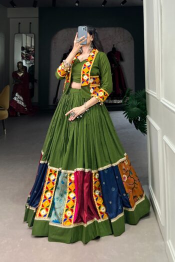Festive Finesse Mahendi Green Rayon Lehenga Choli with Koti
