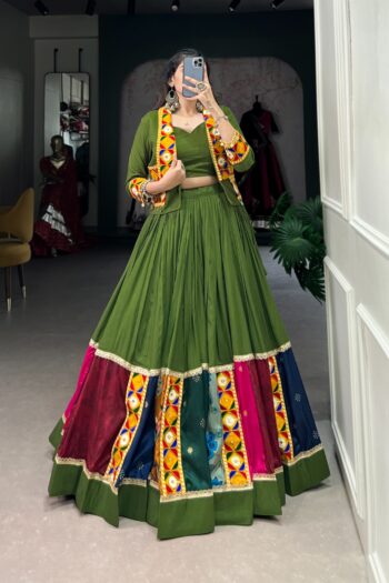 Festive Finesse Mahendi Green Rayon Lehenga Choli with Koti