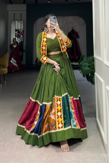 Festive Finesse Mahendi Green Rayon Lehenga Choli with Koti