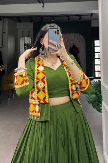 Festive Finesse Mahendi Green Rayon Lehenga Choli with Koti