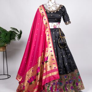 Royal Black Jacquard Silk Lehenga Choli with Zari Tassels