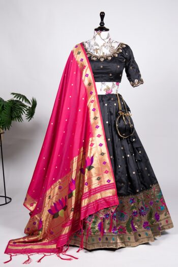 Royal Black Jacquard Silk Lehenga Choli with Zari Tassels