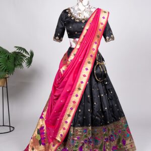 Royal Black Jacquard Silk Lehenga Choli with Zari Tassels