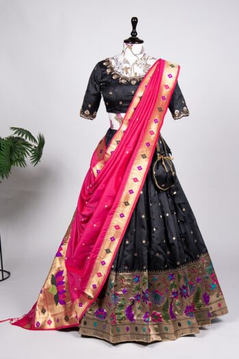 Royal Black Jacquard Silk Lehenga Choli with Zari Tassels