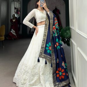 Ethereal White Georgette Lehenga with Lucknowi Sequins