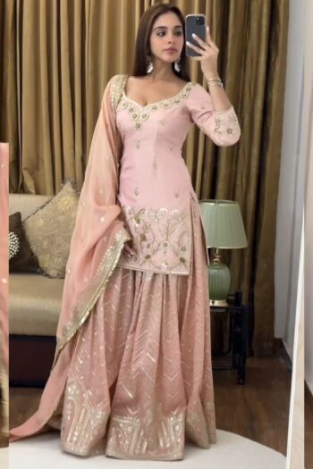 Peach Perfection Embroidered Georgette Sharara Set & Dupatta
