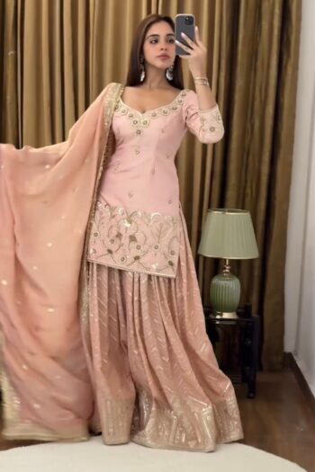 Peach Perfection Embroidered Georgette Sharara Set & Dupatta