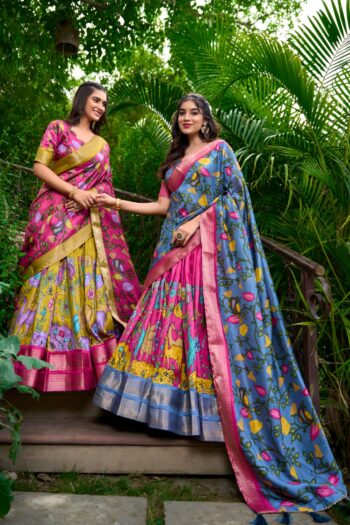 Kalamkari Elegance Dola Silk Lehenga with Zari Weave