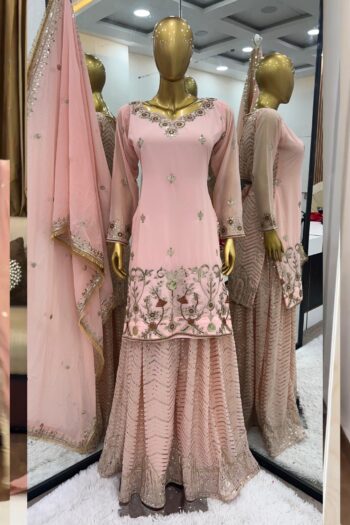 Peach Perfection Embroidered Georgette Sharara Set & Dupatta