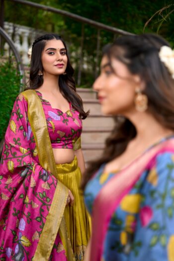Kalamkari Elegance Dola Silk Lehenga with Zari Weave