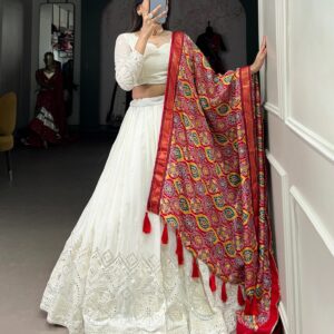 Ethereal White Georgette Lehenga with Lucknowi Sequins