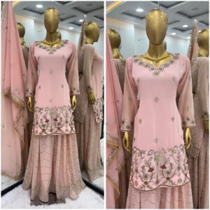 Peach Perfection Embroidered Georgette Sharara Set & Dupatta