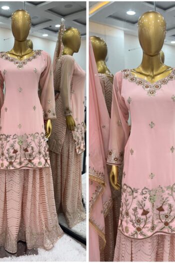 Peach Perfection Embroidered Georgette Sharara Set & Dupatta