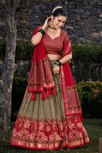Majestic Blossoms Tussar Silk Lehenga with Foil Print