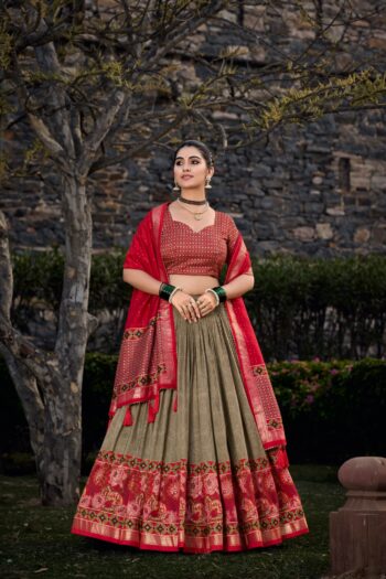 Majestic Blossoms Tussar Silk Lehenga with Foil Print