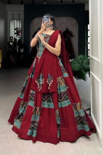 Vintage Charm: Cotton Lehenga Choli with Cowrie Lace & Print