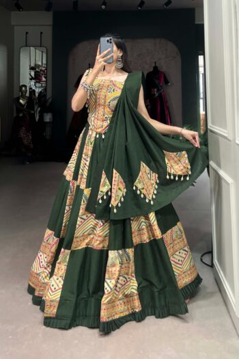 Vintage Charm: Cotton Lehenga Choli with Cowrie Lace & Print
