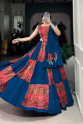 Vintage Charm: Cotton Lehenga Choli with Cowrie Lace & Print