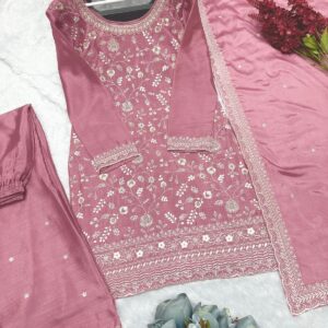 Chinon Silk Kurti-Plazzo Set with Embroidery & Sequins