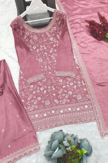 Chinon Silk Kurti-Plazzo Set with Embroidery & Sequins