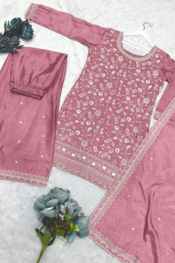 Chinon Silk Kurti-Plazzo Set with Embroidery & Sequins