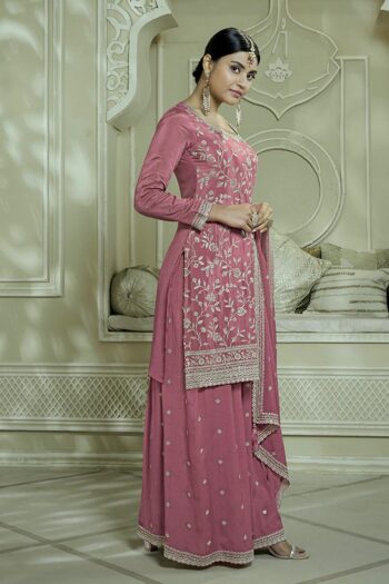 Chinon Silk Kurti-Plazzo Set with Embroidery & Sequins