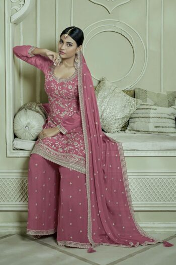 Chinon Silk Kurti-Plazzo Set with Embroidery & Sequins