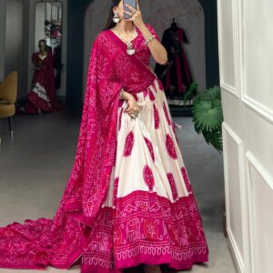 Tussar Silk Lehenga Choli with Bandhej Prints & Intricate Work