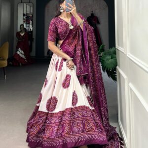 Tussar Silk Lehenga Choli with Bandhej Prints & Intricate Work