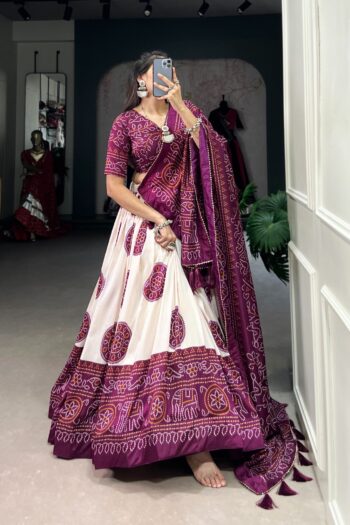 Tussar Silk Lehenga Choli with Bandhej Prints & Intricate Work