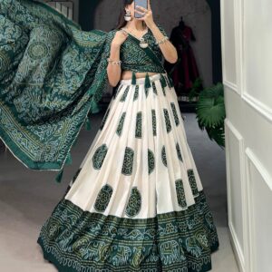 Tussar Silk Lehenga Choli with Bandhej Prints & Intricate Work