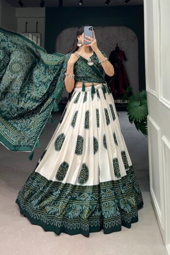 Tussar Silk Lehenga Choli with Bandhej Prints & Intricate Work