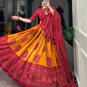 Tussar Silk Lehenga Choli with Bandhej Prints & Intricate Work