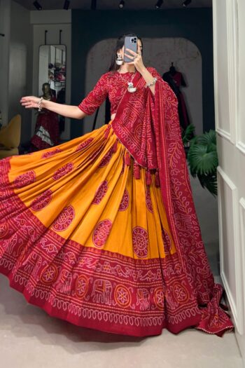Tussar Silk Lehenga Choli with Bandhej Prints & Intricate Work