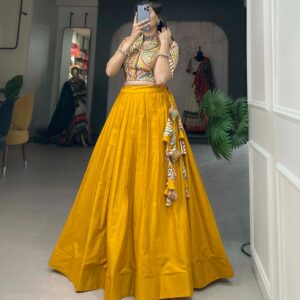 Wonderful Yellow Cotton Co-ord Set Crop Top & Plain Lehenga