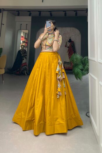 Wonderful Yellow Cotton Co-ord Set Crop Top & Plain Lehenga