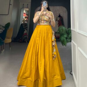 Wonderful Yellow Cotton Co-ord Set Crop Top & Plain Lehenga