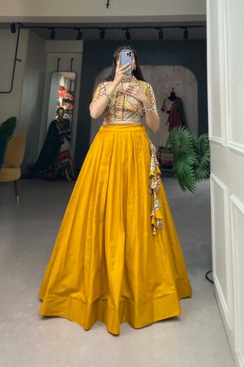Wonderful Yellow Cotton Co-ord Set Crop Top & Plain Lehenga