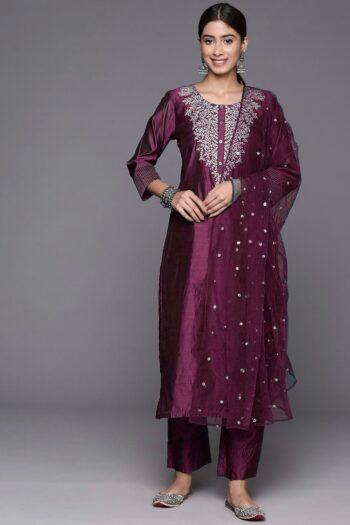 Chanderi Suit Pant Set with Embroidery & Net Dupatta Flair