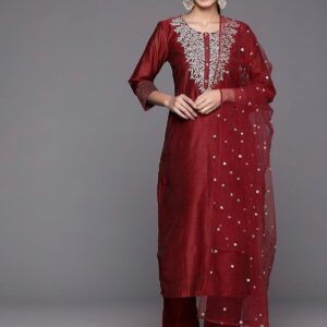 Chanderi Suit Pant Set with Embroidery & Net Dupatta Flair