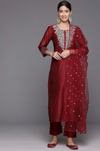 Chanderi Suit Pant Set with Embroidery & Net Dupatta Flair