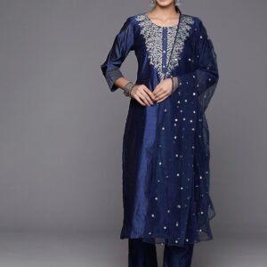 Chanderi Suit Pant Set with Embroidery & Net Dupatta Flair