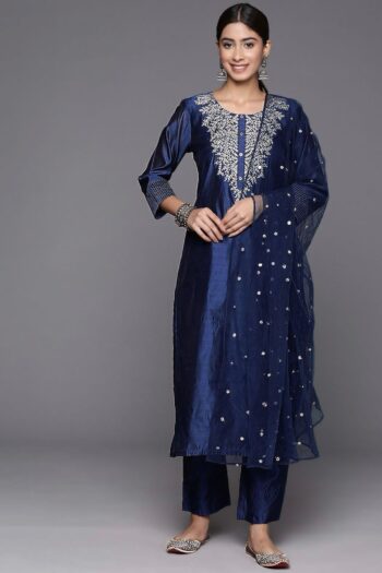 Chanderi Suit Pant Set with Embroidery & Net Dupatta Flair