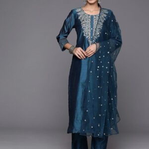 Chanderi Suit Pant Set with Embroidery & Net Dupatta Flair