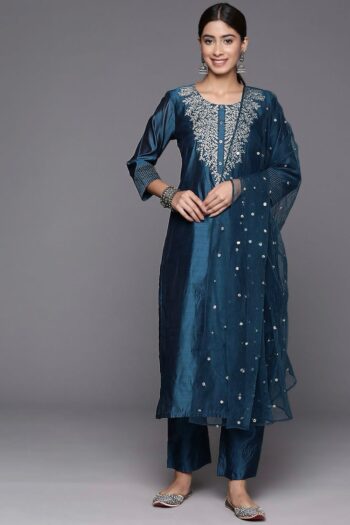 Chanderi Suit Pant Set with Embroidery & Net Dupatta Flair
