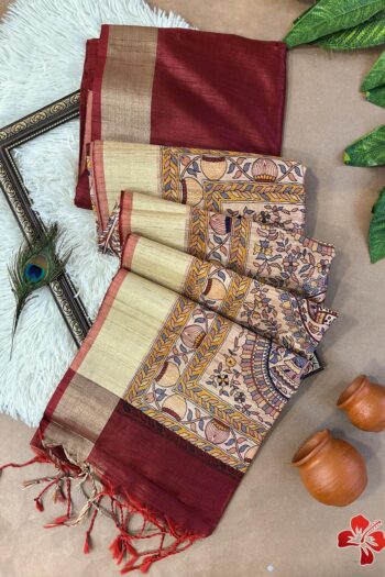 Madhubani Art Khadi Raw Silk Saree with Mullai Tussar