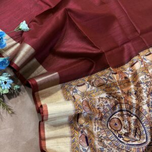 Madhubani Art Khadi Raw Silk Saree with Mullai Tussar