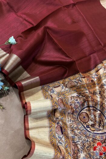 Madhubani Art Khadi Raw Silk Saree with Mullai Tussar