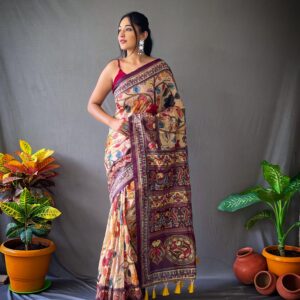 Classic Kalamkari Cotton Saree with Contrast Pallu & Blouse