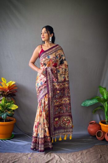 Classic Kalamkari Cotton Saree with Contrast Pallu & Blouse